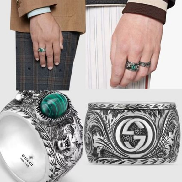 Gucci Garden Sterling Silver and Green Resin Feline Head Motifs Ring - Picture 3 of 11